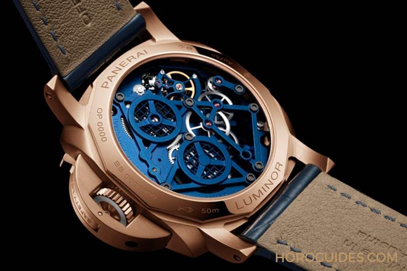 華麗撞色！紅金殼配鍍藍(lán)面｜Panerai Luminor陀飛輪兩地時(shí)間紅金腕表-PAM01060-復(fù)刻表