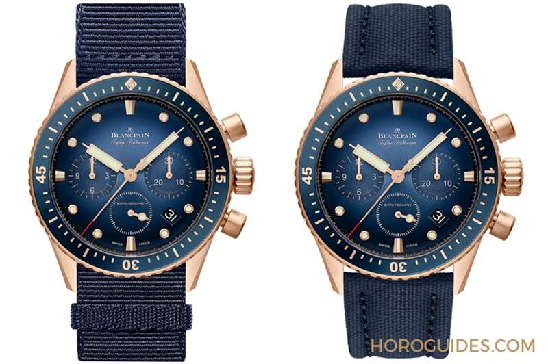18K紅金藍(lán)面、23級(jí)鈦灰面,Blancpain五十噚深潛器飛返計(jì)時(shí)碼表兩款延伸新作-復(fù)刻表