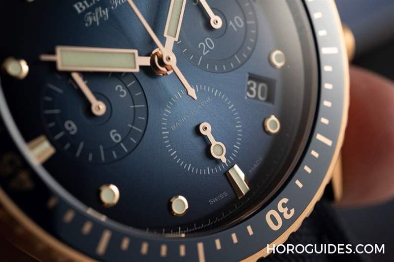 18K紅金藍(lán)面、23級(jí)鈦灰面,Blancpain五十噚深潛器飛返計(jì)時(shí)碼表兩款延伸新作-復(fù)刻表